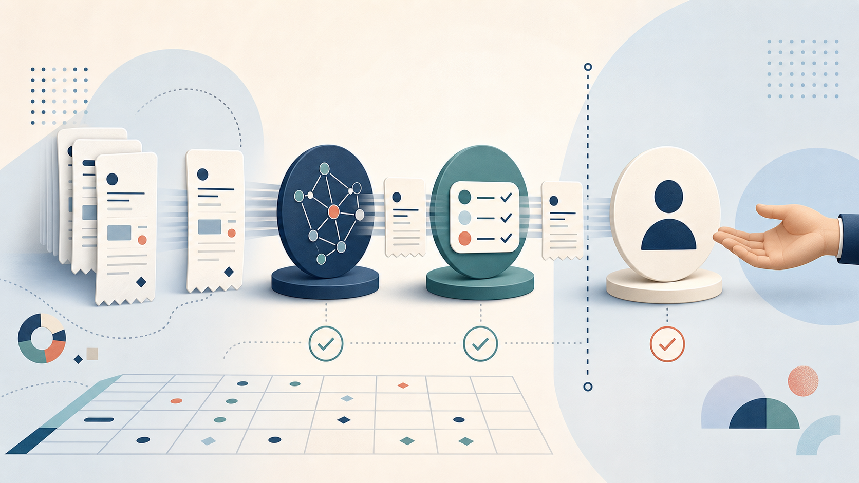 Abstract receipt workflow moving through evidence, policy, and human approval checkpoints