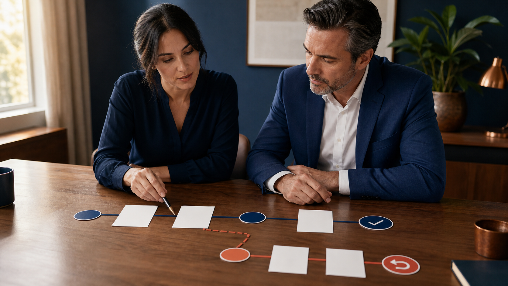 Finance and operations leaders reviewing an abstract payment and return path