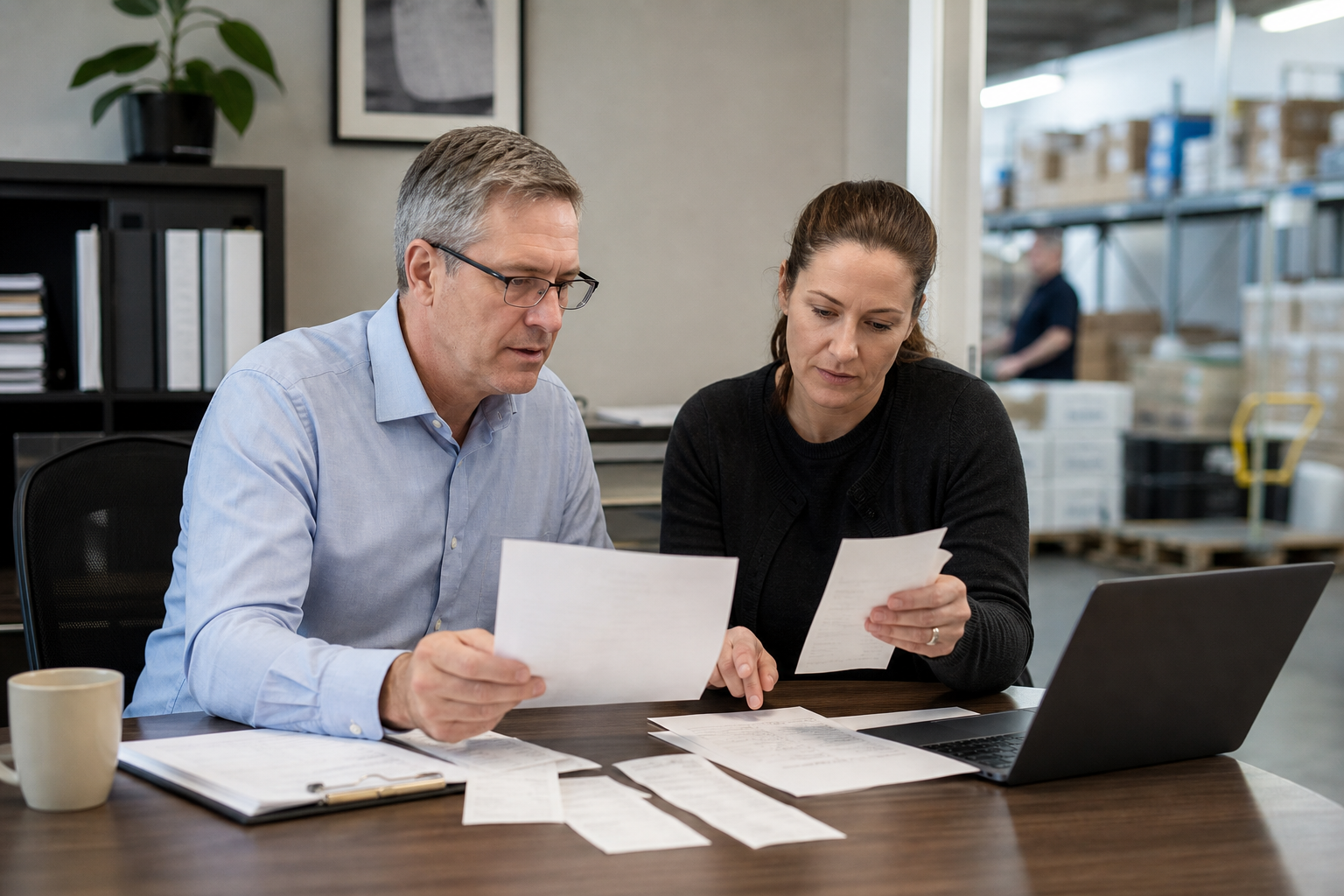 Finance manager and purchasing lead reviewing generic receipts and a credit memo